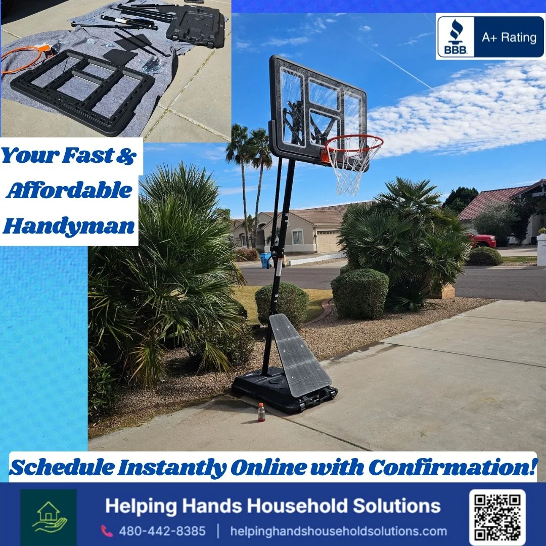 Portable basketball hoop assembly on a driveway in a Phoenix, AZ front yard by Helping Hands Household Solutions — fast, affordable handyman assembly with same-day online scheduling available.