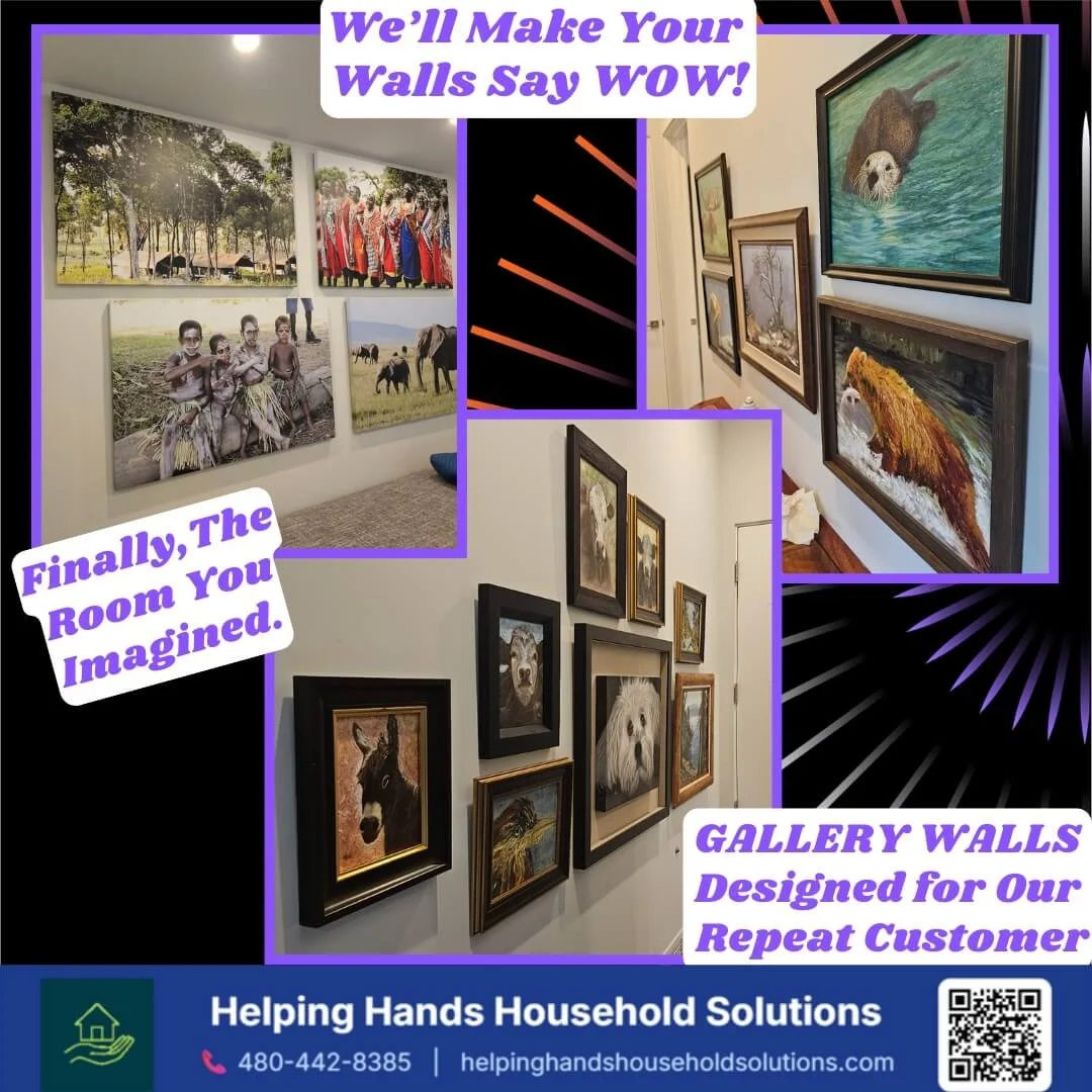 Professional Gallery Wall Installation & Photo Grid Hanging Service:

Take the math and guesswork out of your display. We deliver flawless, laser-leveled alignment for complex frame arrangements, uniform family photo grids, and dramatic staircase dis
