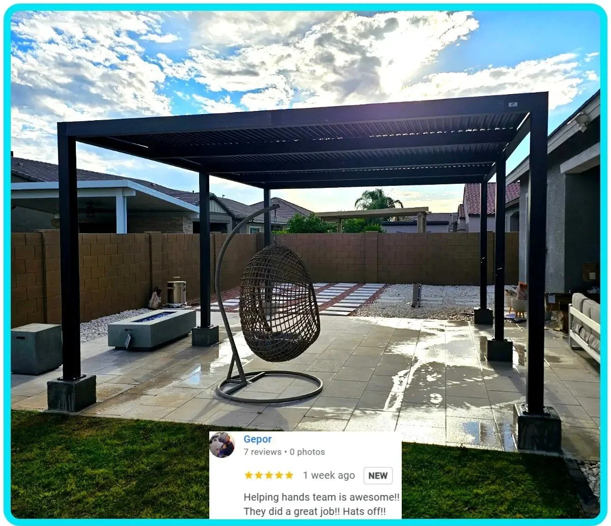 Professional gazebo assembly and patio furniture setup performed by Helping Hands Household Solutions, featuring a modern black metal pergola, hanging wicker egg chair, and a stone gas fire pit table on a tiled backyard patio