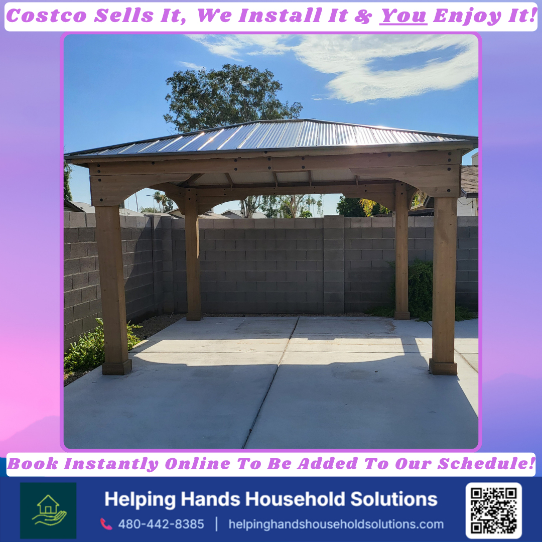 Costco hardtop gazebo installed on a concrete patio slab in a Phoenix, AZ backyard by Helping Hands Household Solutions — professional Costco gazebo assembly service, ready for instant online booking.