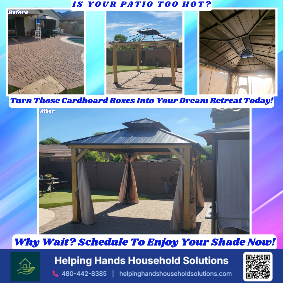 Before-and-after hardtop gazebo installation in Phoenix, AZ by Helping Hands Household Solutions — transforming an unshaded paver patio into a shaded backyard retreat with curtain-draped posts, ready for same-week scheduling.