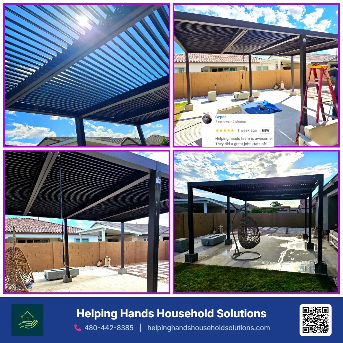 Louvered Metal Pergola installed with 5-Star Customer Review