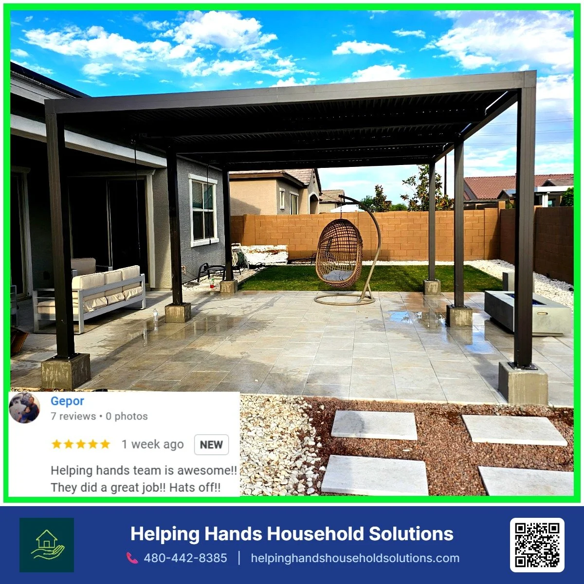 Custom pergola installation in Phoenix, AZ by Helping Hands Household Solutions, transforming a hot backyard patio into a shaded outdoor retreat.
