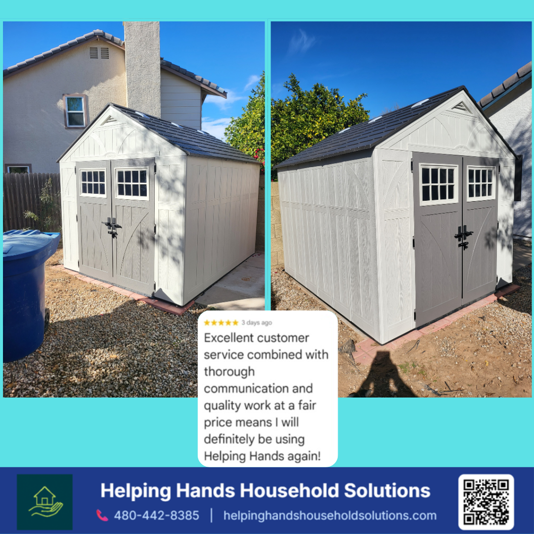 Suncast Tremont resin storage shed featuring wood-grain textured panels, barn-style double doors with decorative cross-brace trim, dual multi-pane transom windows, and a gabled asphalt-shingle roof, professionally installed on a paver foundation in a