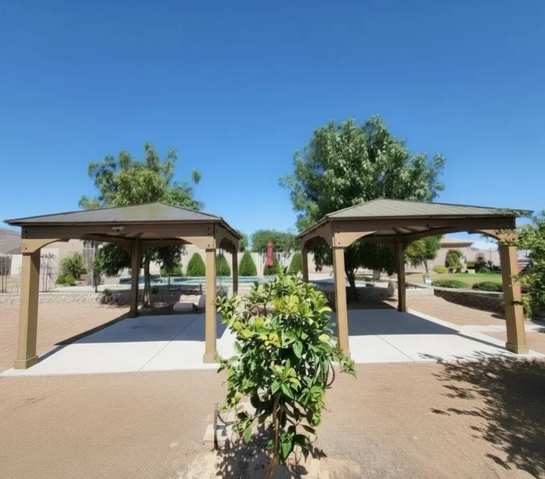 Yardistry gazebo assembled and installed on concrete footers in Phoenix backyard.