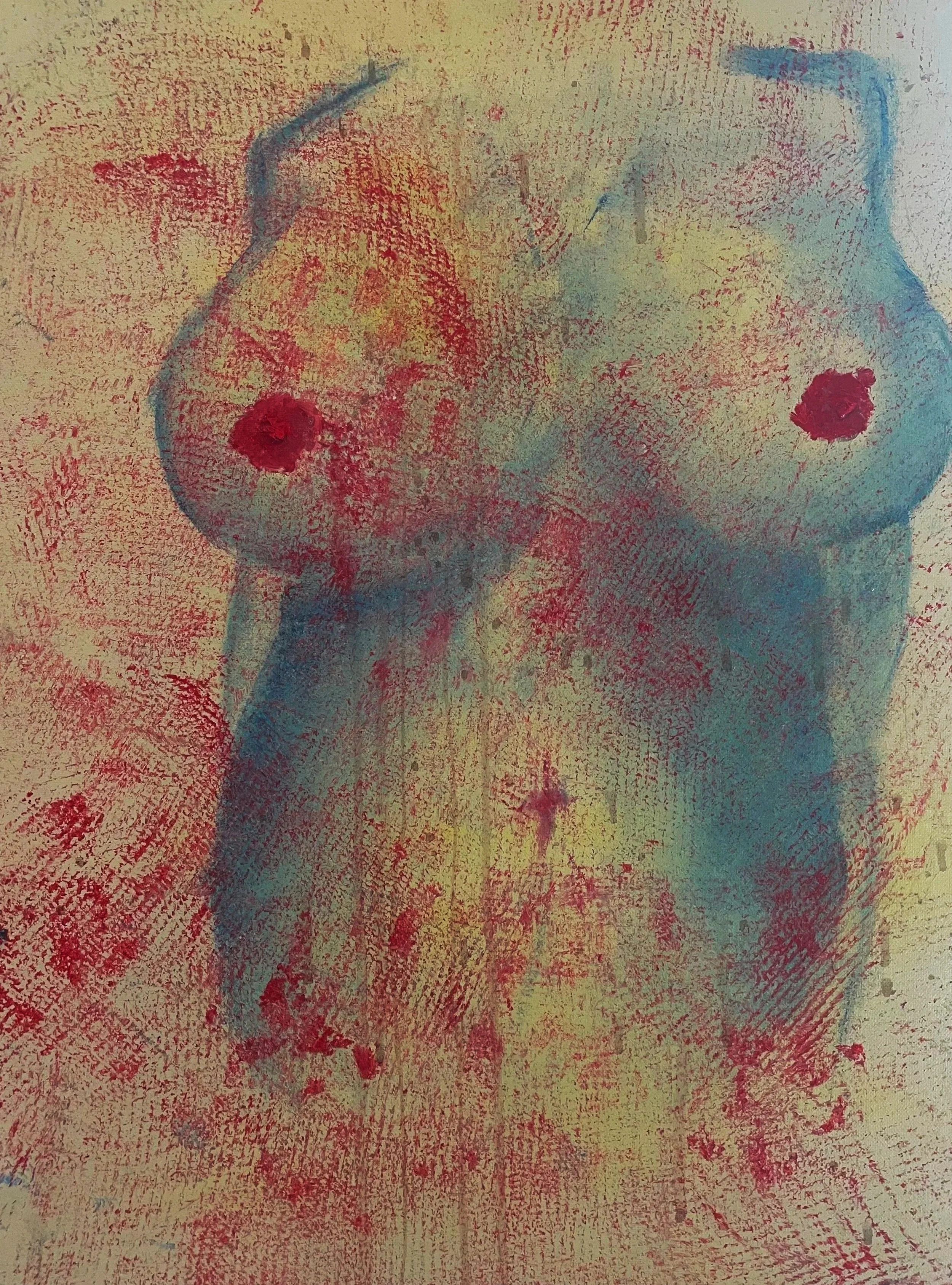 Abstract watercolor painting resembling a female torso with emphasis on breasts, using vibrant splashes of red, blue, yellow, and green colors, with textured and layered brushstrokes.