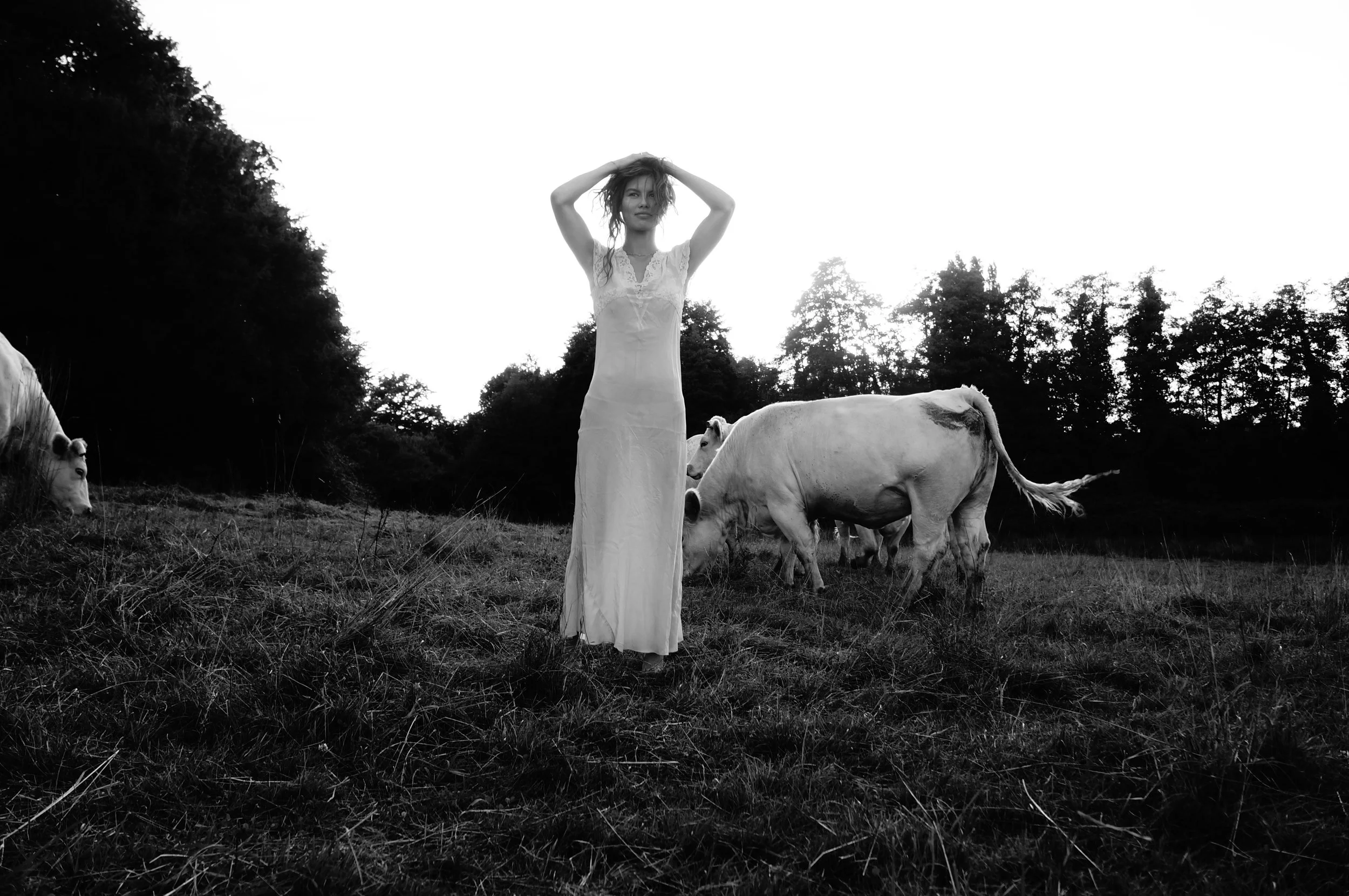 A woman in a long dress standing in a field with cows grazing around her, trees in the background, black and white photograph.
