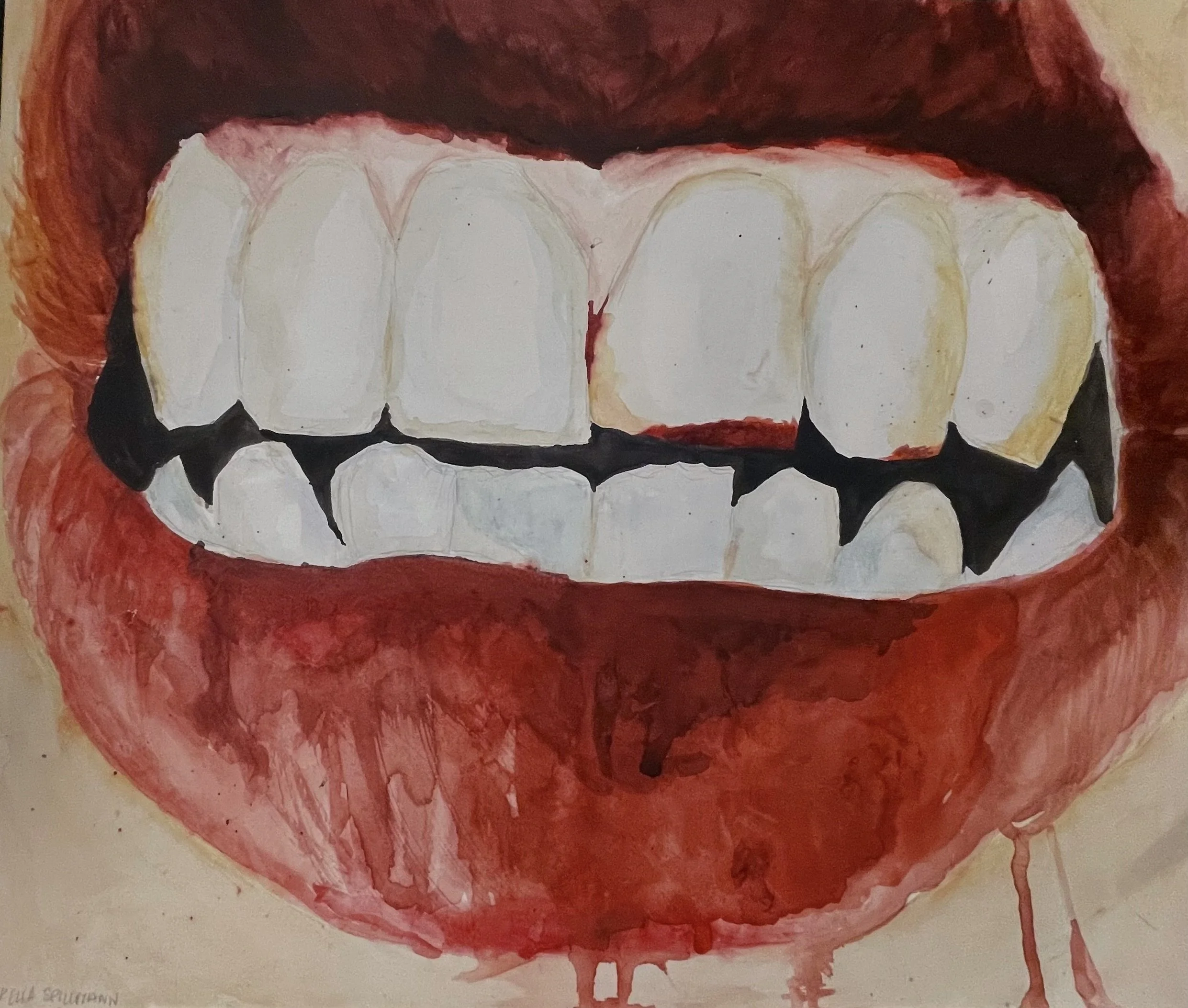 Close-up watercolor painting of an open mouth with teeth and red lips.