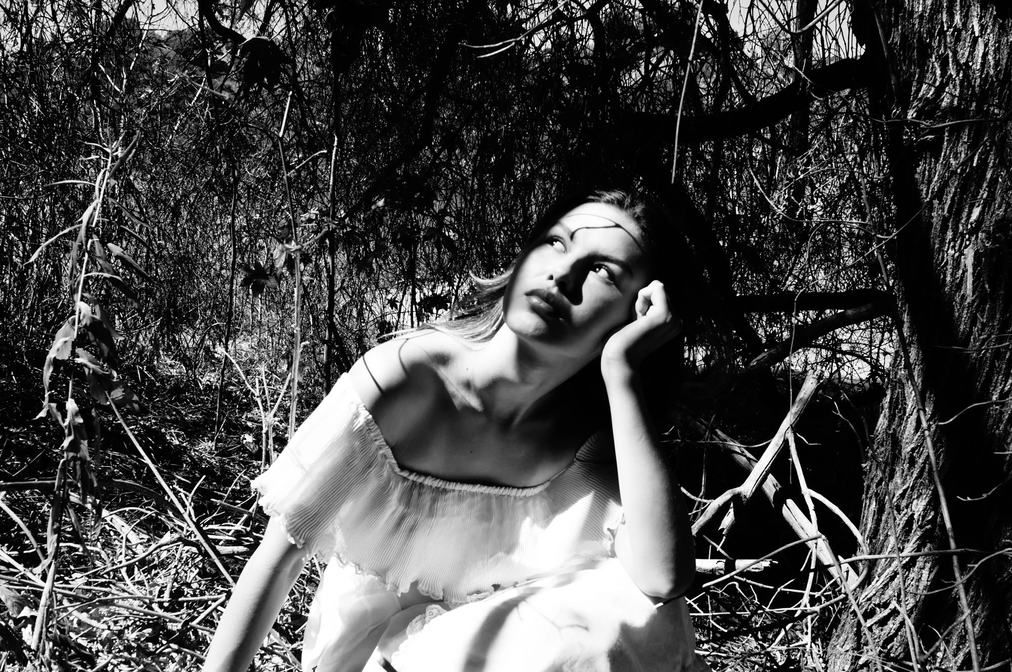 A woman with light skin and shoulder-length hair in a light dress sits among dense, tangled branches and twigs in a wooded area, with sunlight casting shadows on her face.