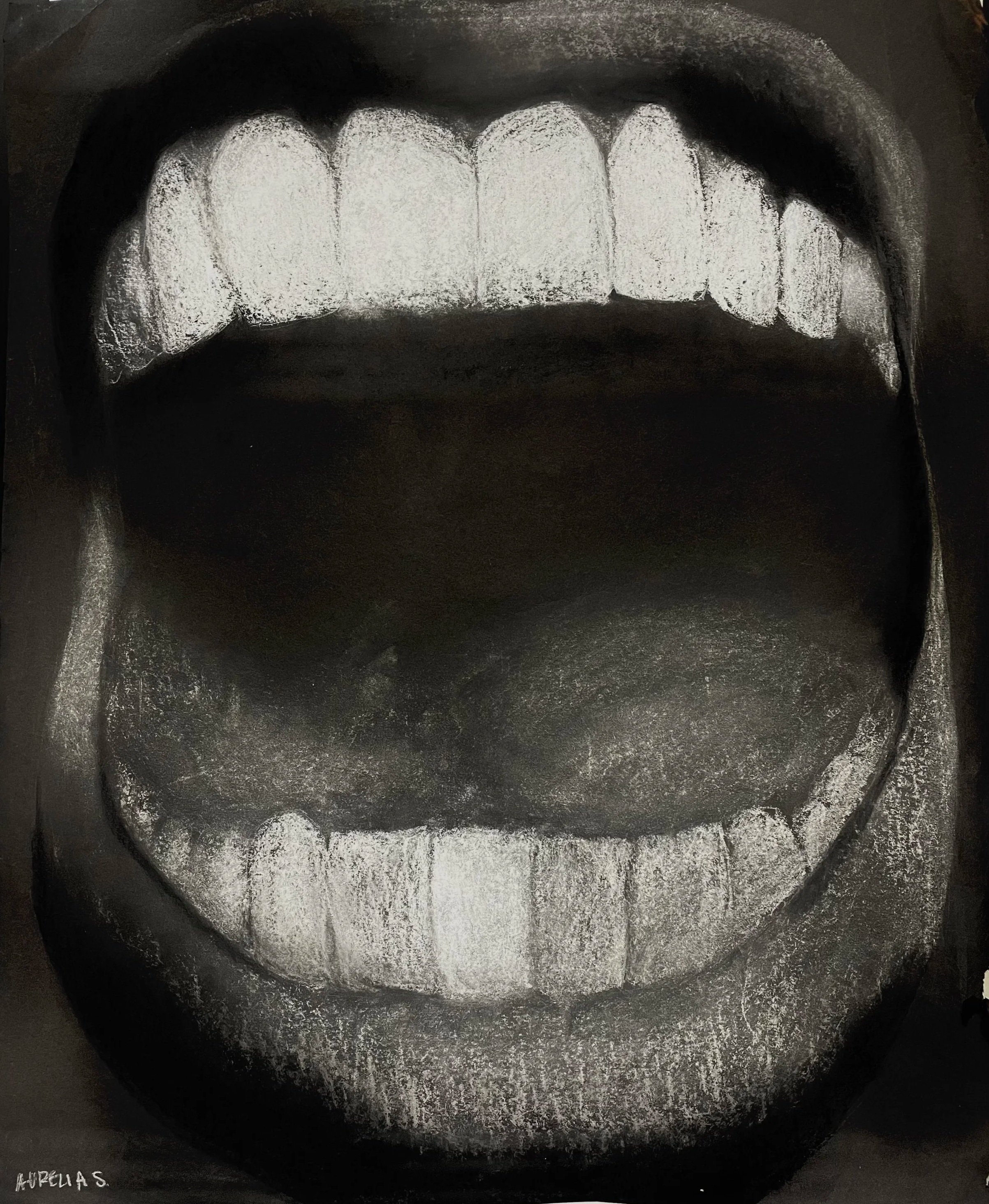 Close-up of an open mouth with white teeth and a dark background, rendered in a monochrome, high-contrast style.