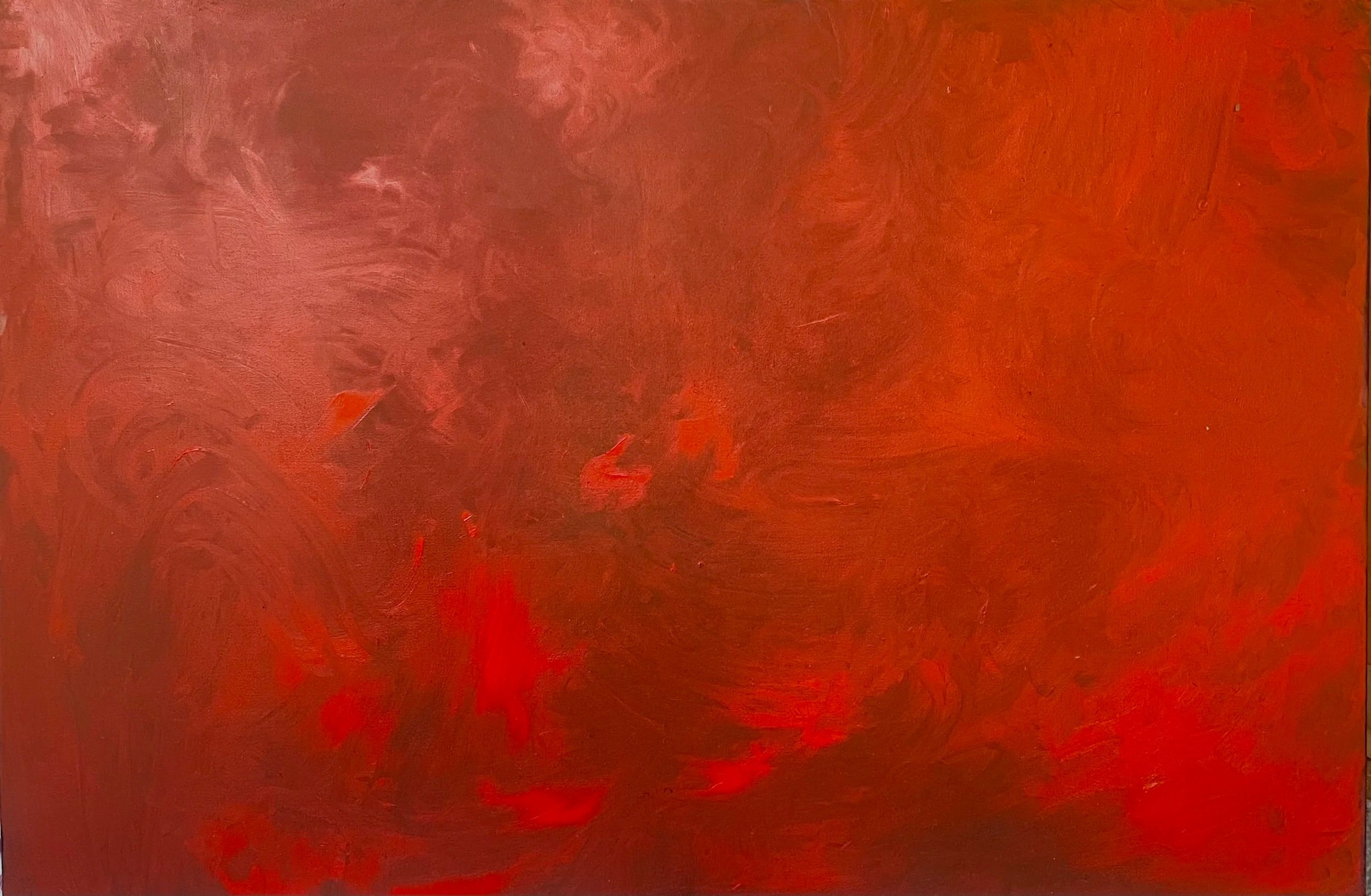 Abstract painting with swirling red and dark orange hues.