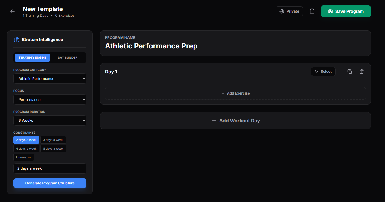 Screenshot of a fitness training program template titled 'Athletic Performance Prep' on a dark-themed interface. It includes options for days, exercises, and constraints such as 2 days a week, 4 days a week, and 5 days a week, with buttons to add exercises, days, and generate the structure.
