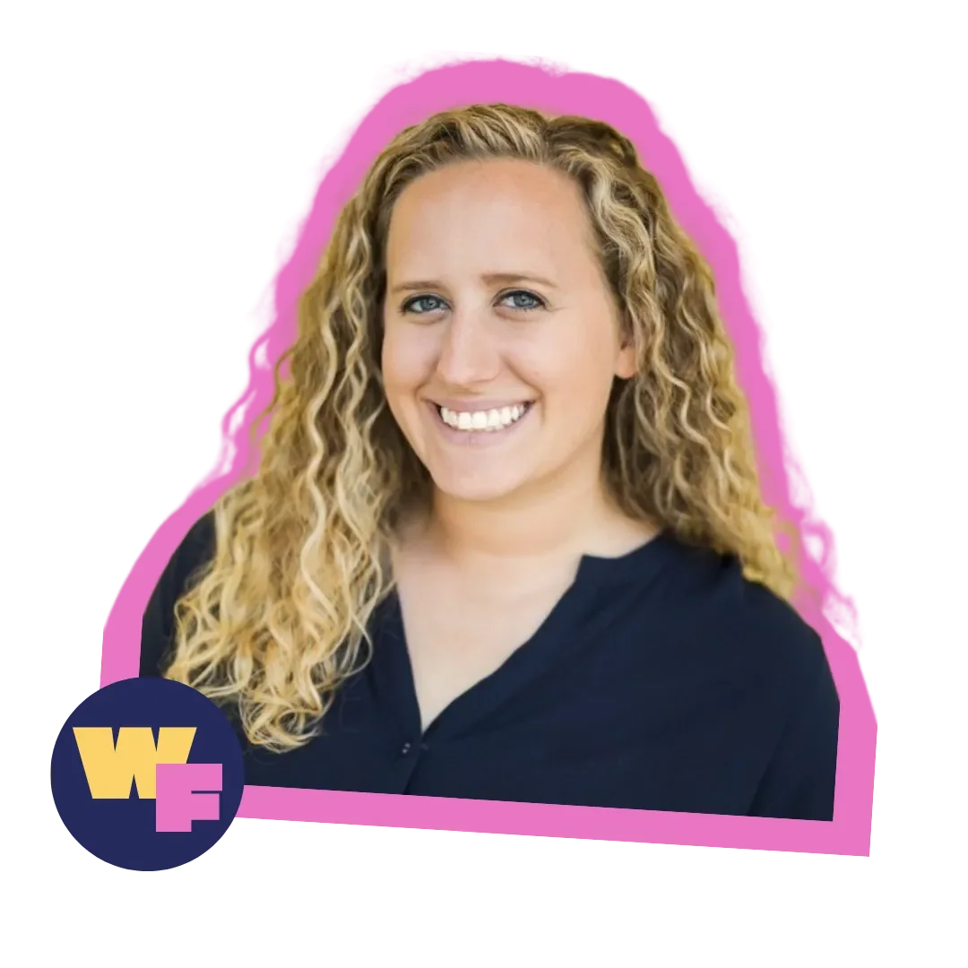 Shannon Varcoe, a woman with blonde curly hair, wearing a navy shirt. There is a decorative pink outline. There is a yellow and pink WF for Women Facilitating on a navy circle in the bottom lefthand corner