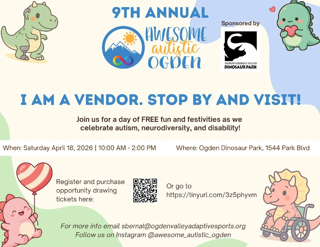 Join us for the 9th Annual Awesome Autistic Ogden Event! 🦖✨

🗓 Date: Saturday, April 18th, 2026
⏰ Time: 10 AM - 2 PM
📍 Location: Dinosaur Park, 1544 Park Blvd, Ogden, Utah

🦕 Get ready for a day filled with fun, learning, and community spirit! We
