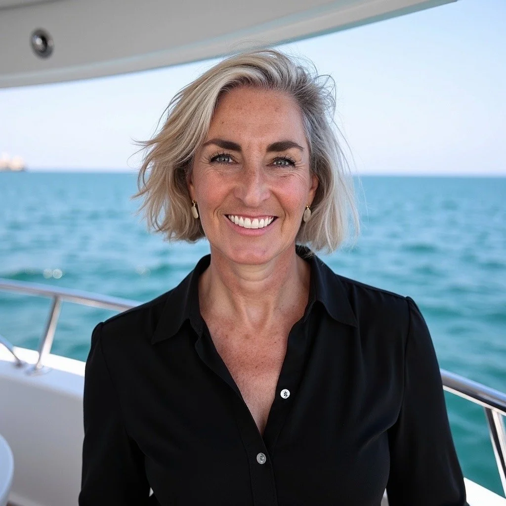 A smiling woman with shoulder-length blonde hair, wearing a black shirt, on a boat with the ocean in the background.
