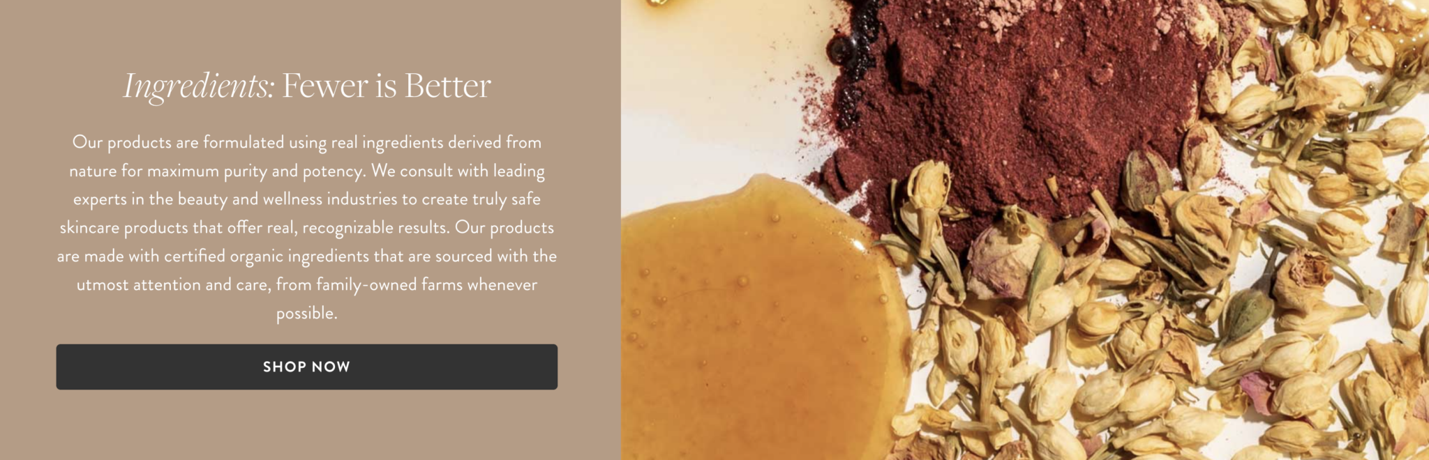 A website banner image that reads "Ingredients: Fewer is Better" with a photo of honey, flower blossoms and a red powder to the right