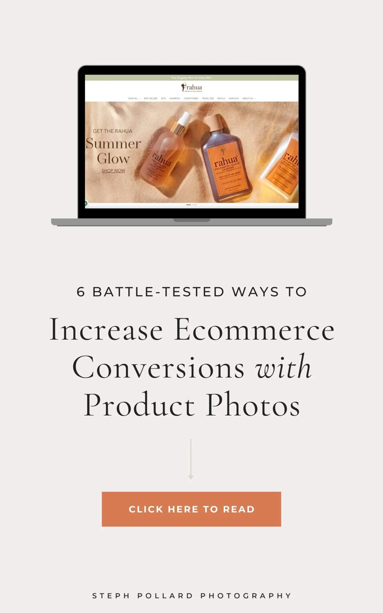A text-based image showing a laptop icon at the top and the words "6 battle tested ways to increase ecommerce conversion with product photos" beneath it