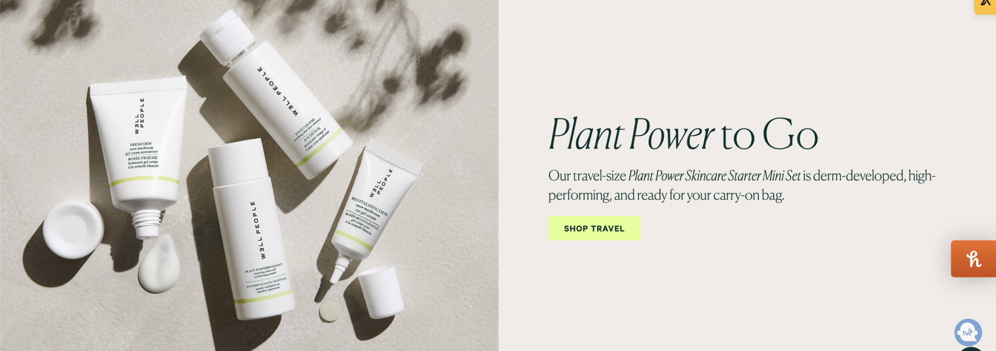 Website banner image showing multiple bottles of Well People products next to the words Plant Power to Go