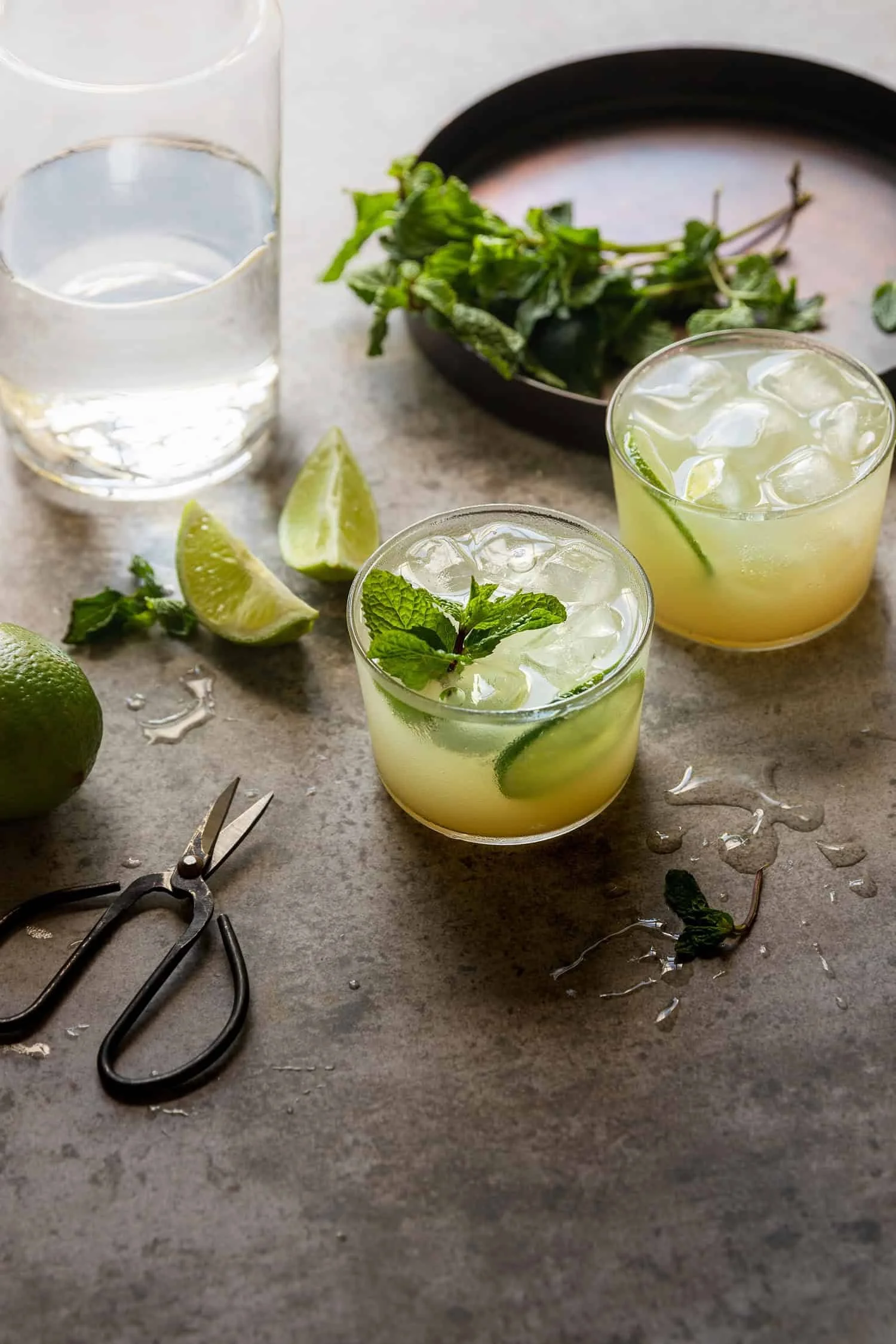 Mint mojito in a short glass styled with lime slices and fresh mint