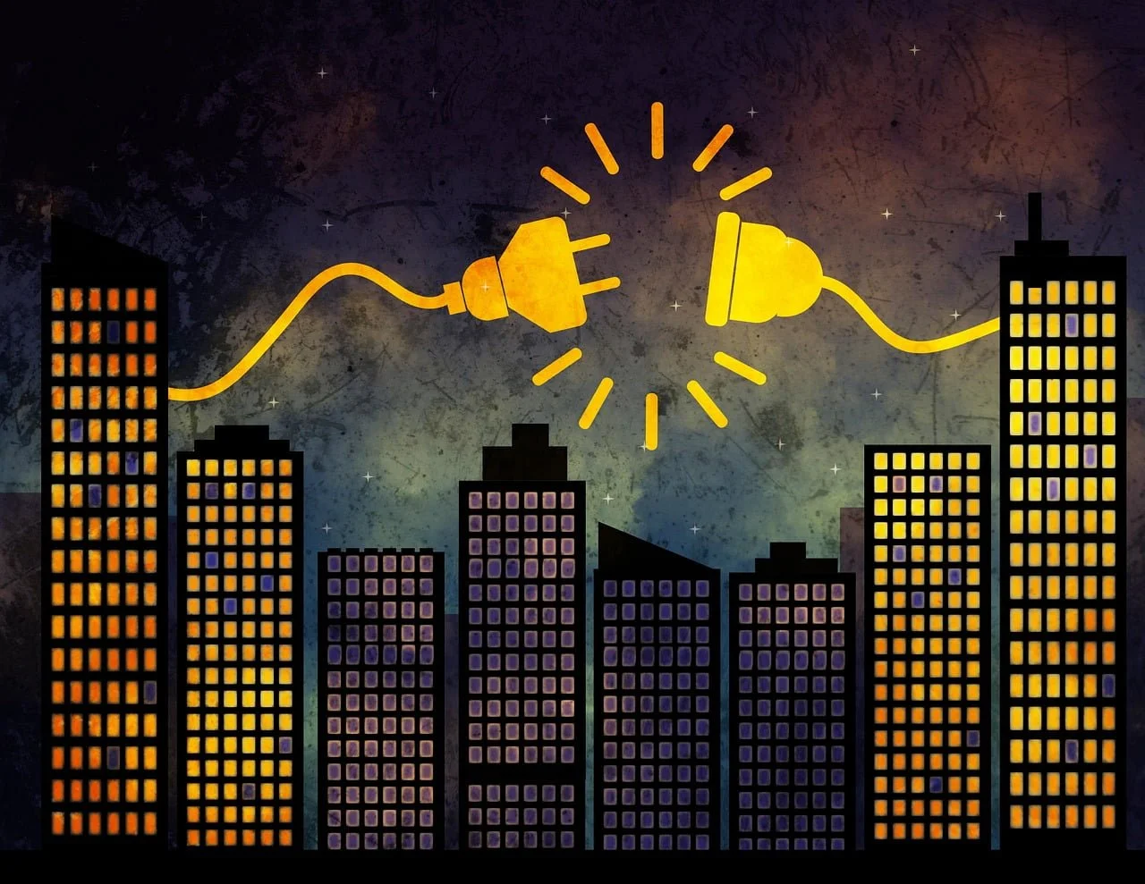 city buildings at night with electrical plugs in the nighttime cityscape - life and career coach Phoenix