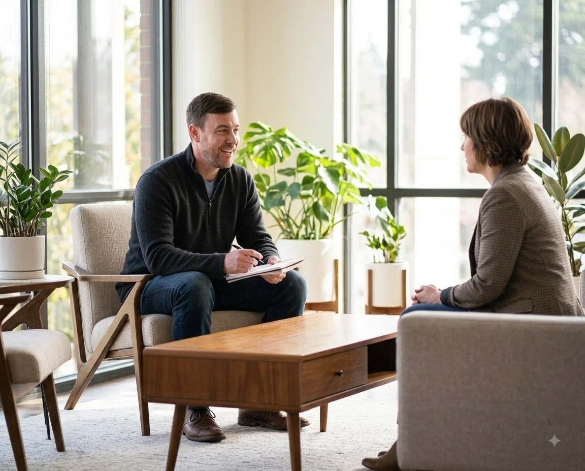 Coach Jeff Rothenberg sitting across a women - career transition coach