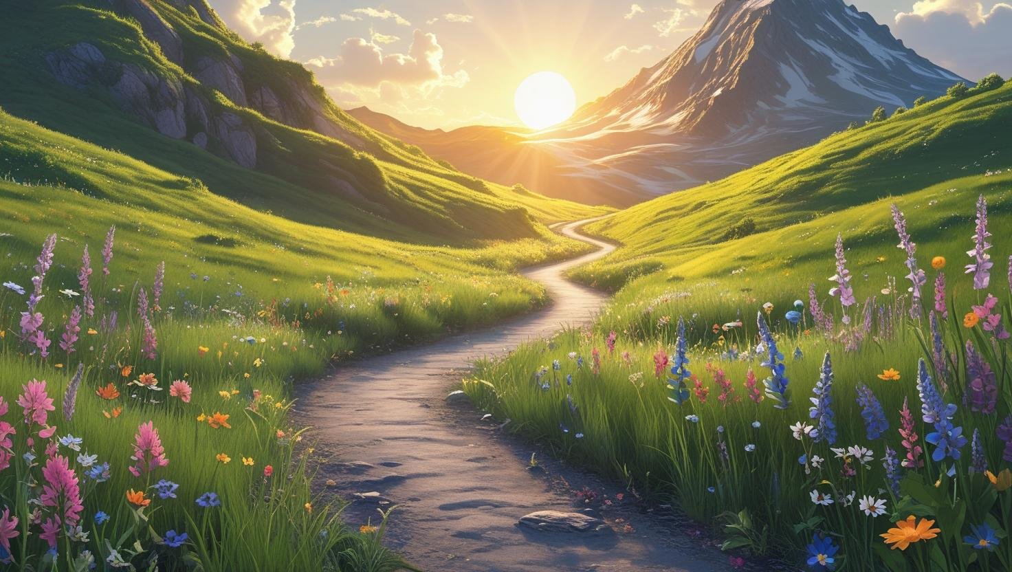 An image of a beautiful outside with a path amongst flowers, green grass, mountains and a sunset and blue sky - career pivot mid career