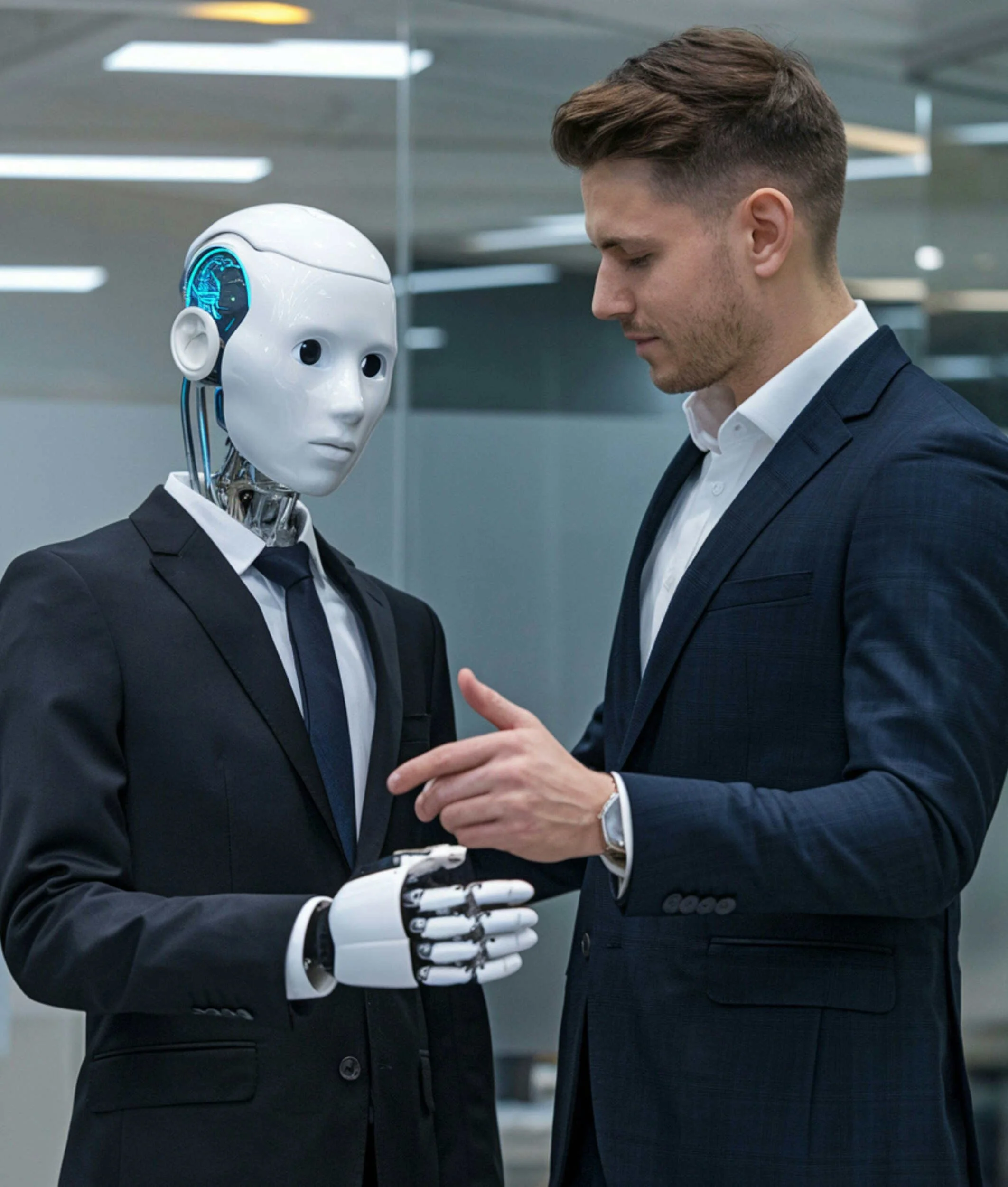 A man with a robot wearing a suit inside an office - AI and the future of work