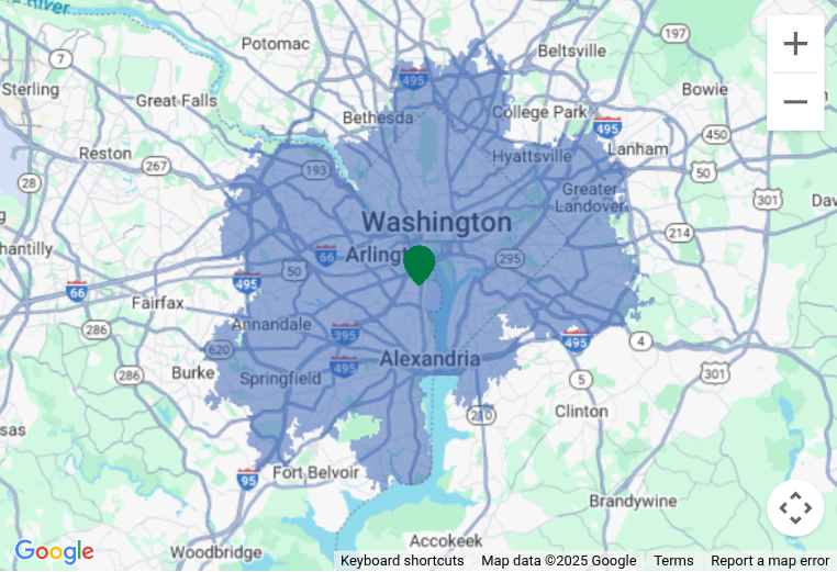 Map showing Washington, D.C. and surrounding areas with a shaded region indicating a population density or coverage area.
