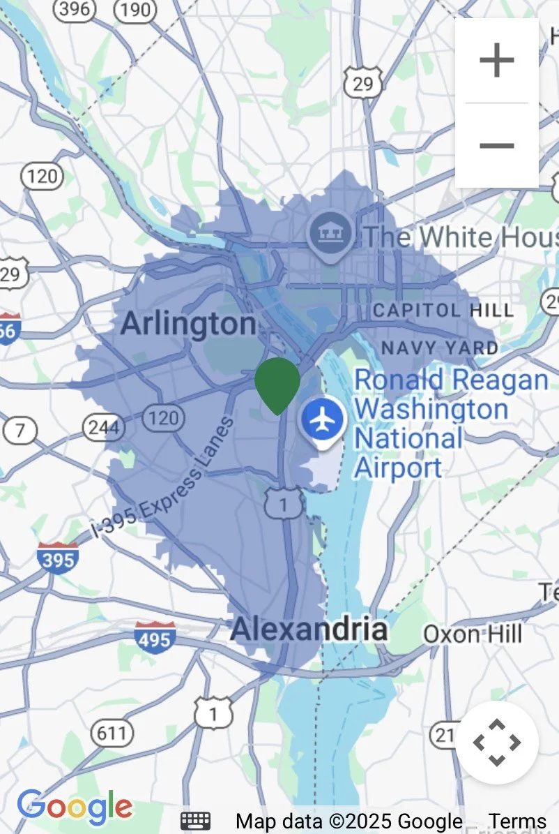 Map showing parts of Arlington and Alexandria, Virginia, with the Ronald Reagan Washington National Airport marked, along with major highways including I-395, I-495, and U.S. Route 1.