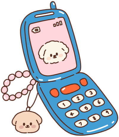 A flip phone with a cartoonish design, featuring a puppy's face on the screen and a small plush puppy attached to the phone. The phone has an animated and cute style.