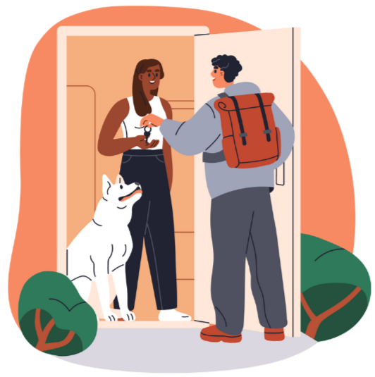A man with a backpack handing over a key to a woman at her front door, with a white dog sitting nearby.