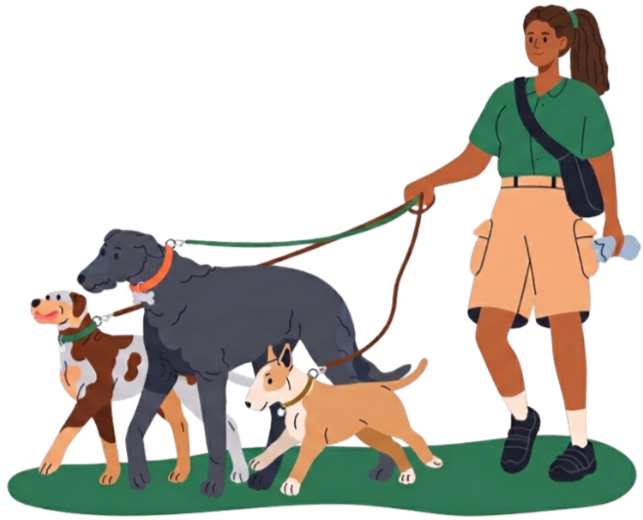 A young girl walking four dogs on a leash on a grassy area.