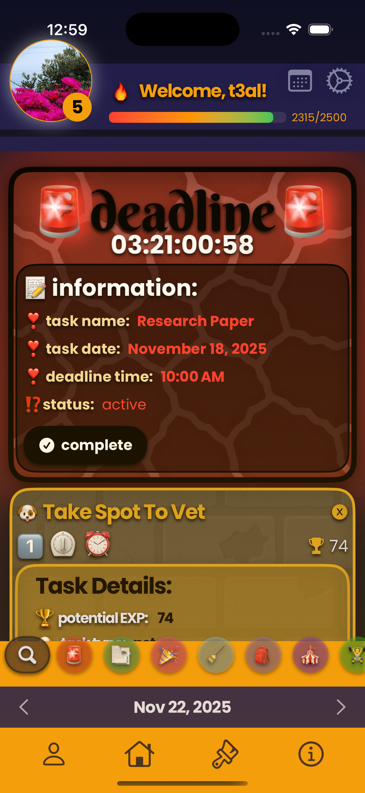 Mobile app interface showing a countdown to a deadline, task details for research paper due November 18, 2025, with a progress bar, notification icons, and navigation menu.