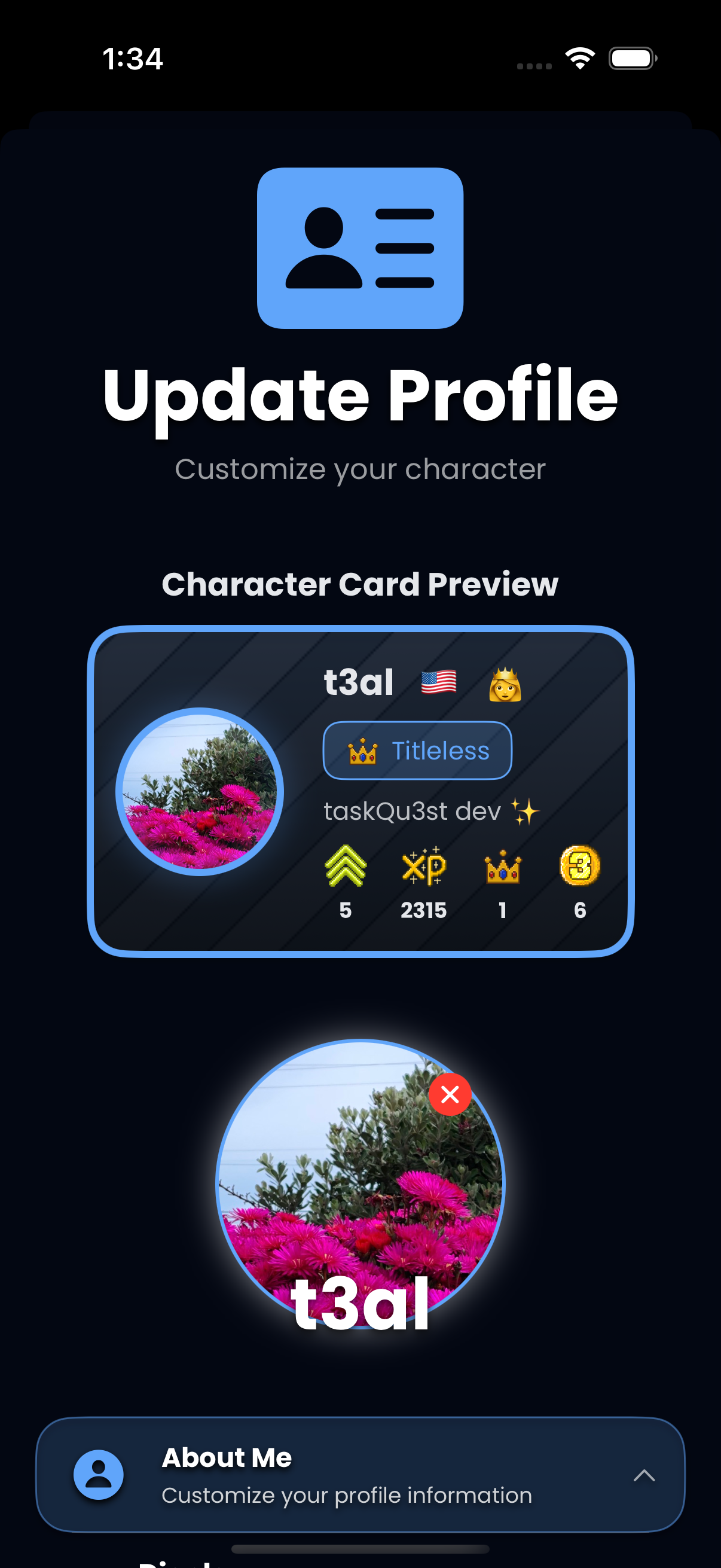 Mobile app screen showing profile update page with a character card preview of a profile called t3al featuring flowers and icons representing stats and achievements.