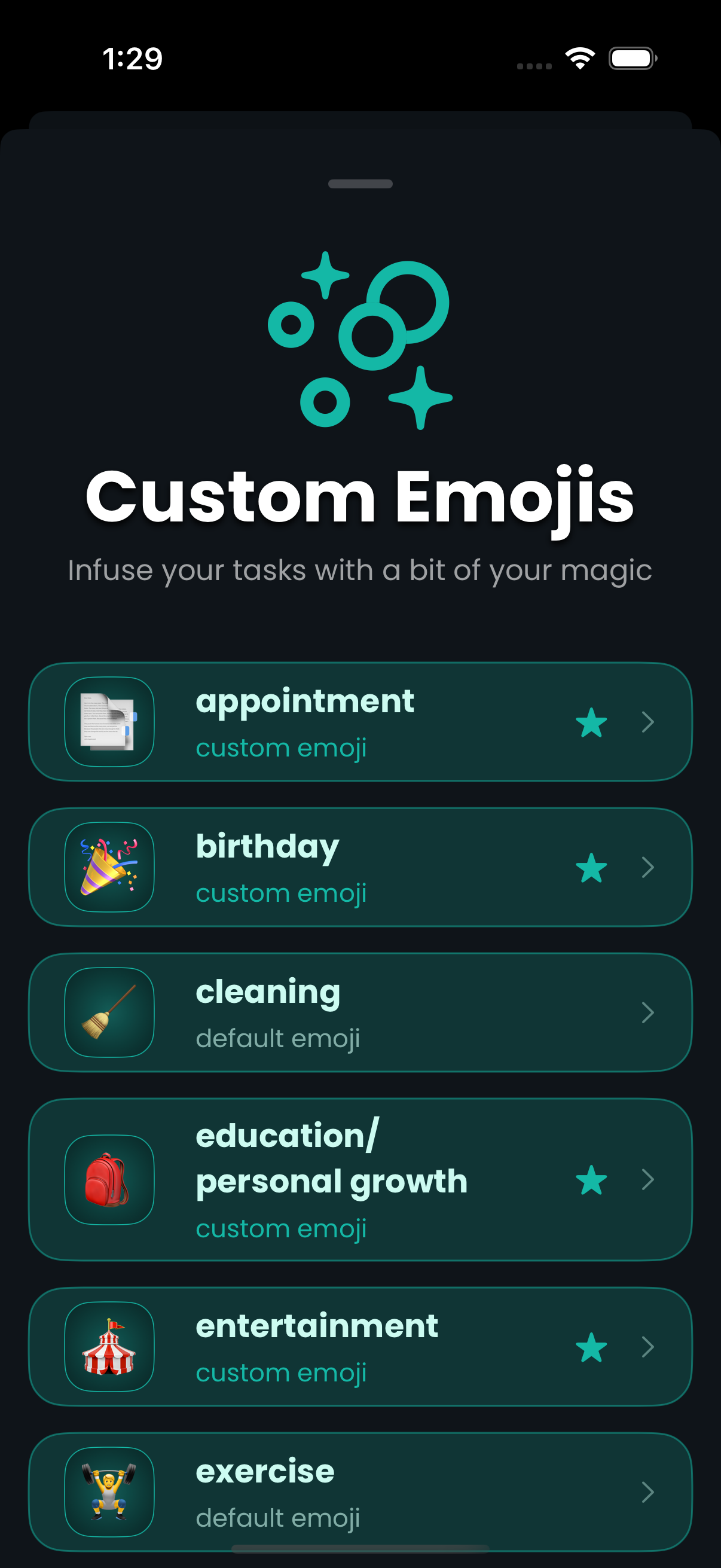 Mobile app screen displaying custom emojis for different categories including appointment, birthday, cleaning, education/personal growth, entertainment, and exercise. The screen has a black background with a teal and white theme, with icons for each 