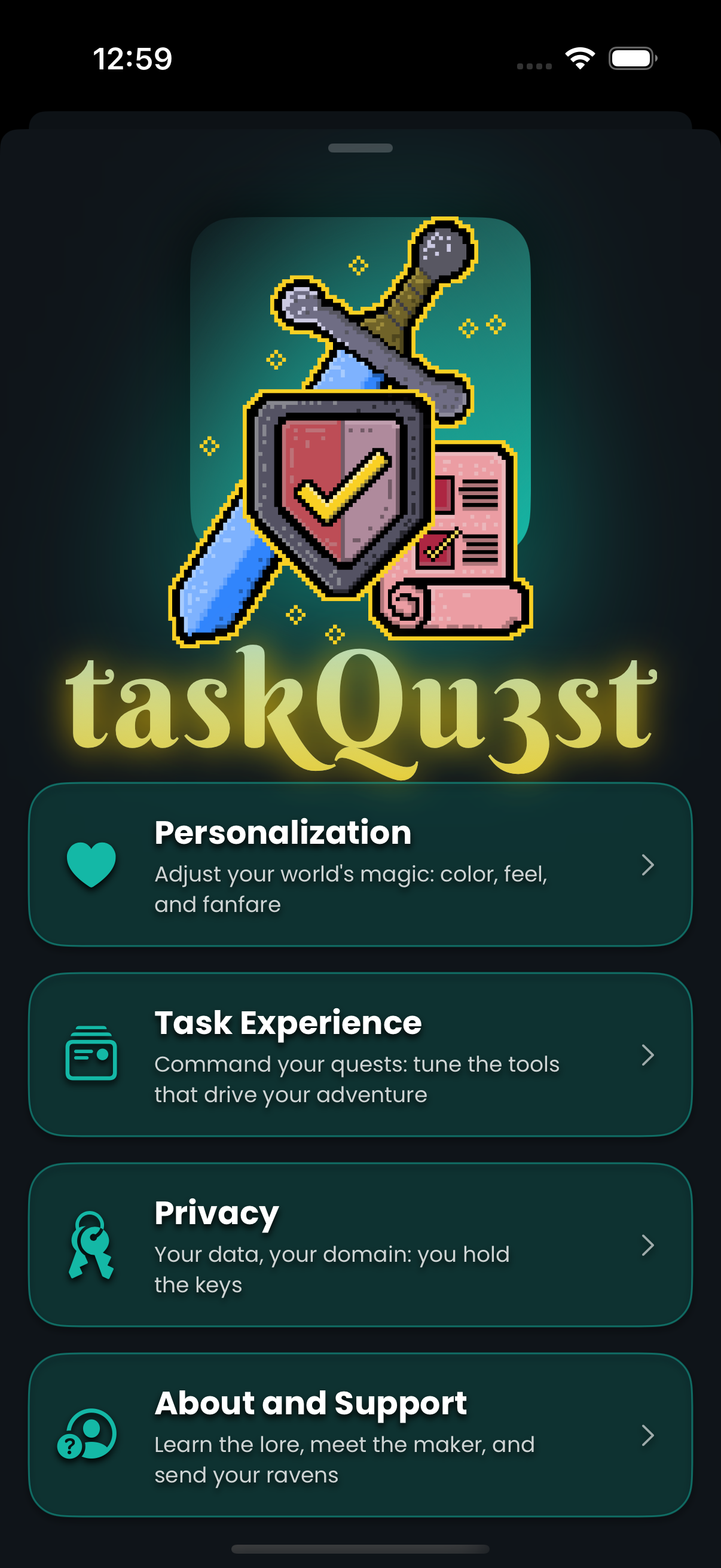 Mobile app screen for 'taskQuest' featuring pixel art of a sword, shield with checkmark, and scroll, with menu options for Personalization, Task Experience, Privacy, and About and Support.