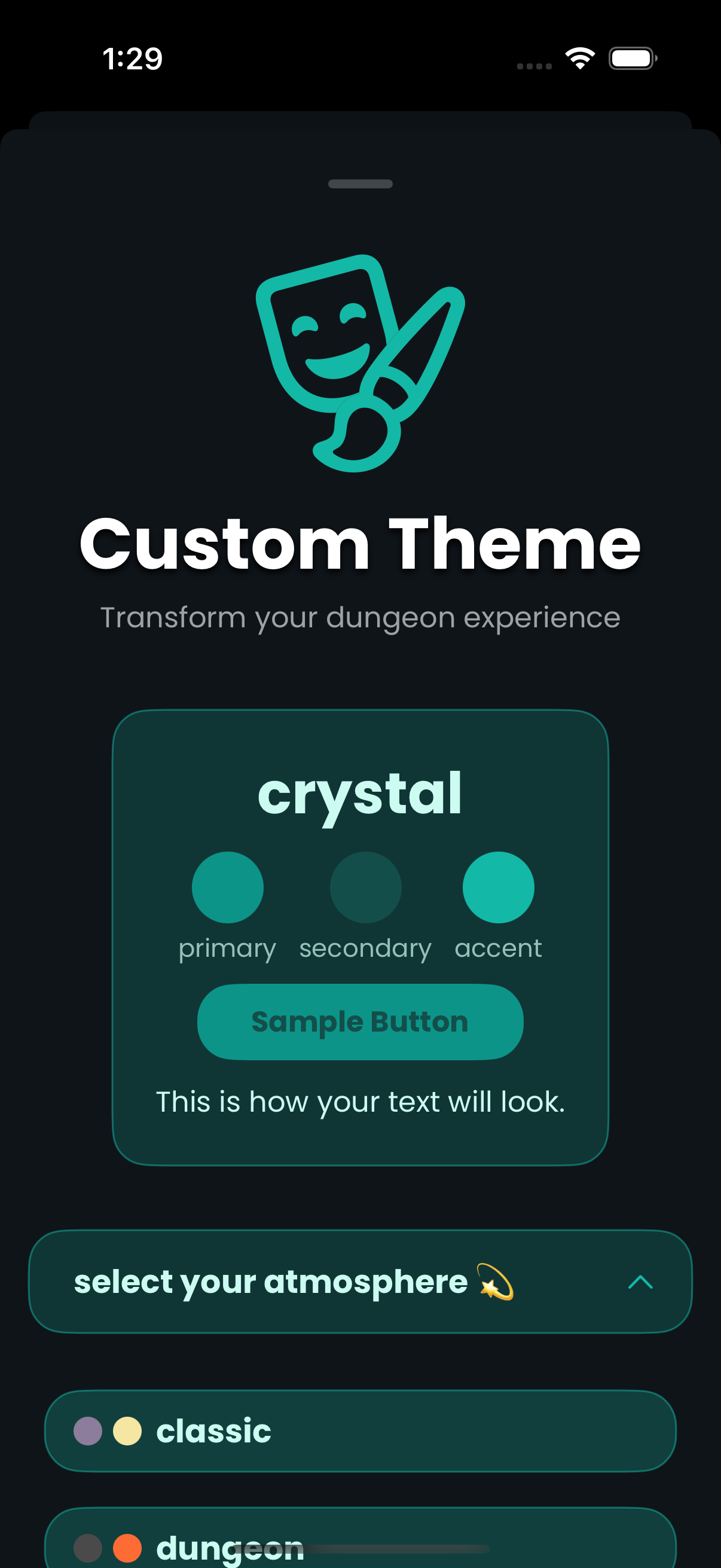 Mobile app screen showing customization options for a dungeon experience, including theme selection (classic, dungeon), atmosphere selection, and text appearance settings.