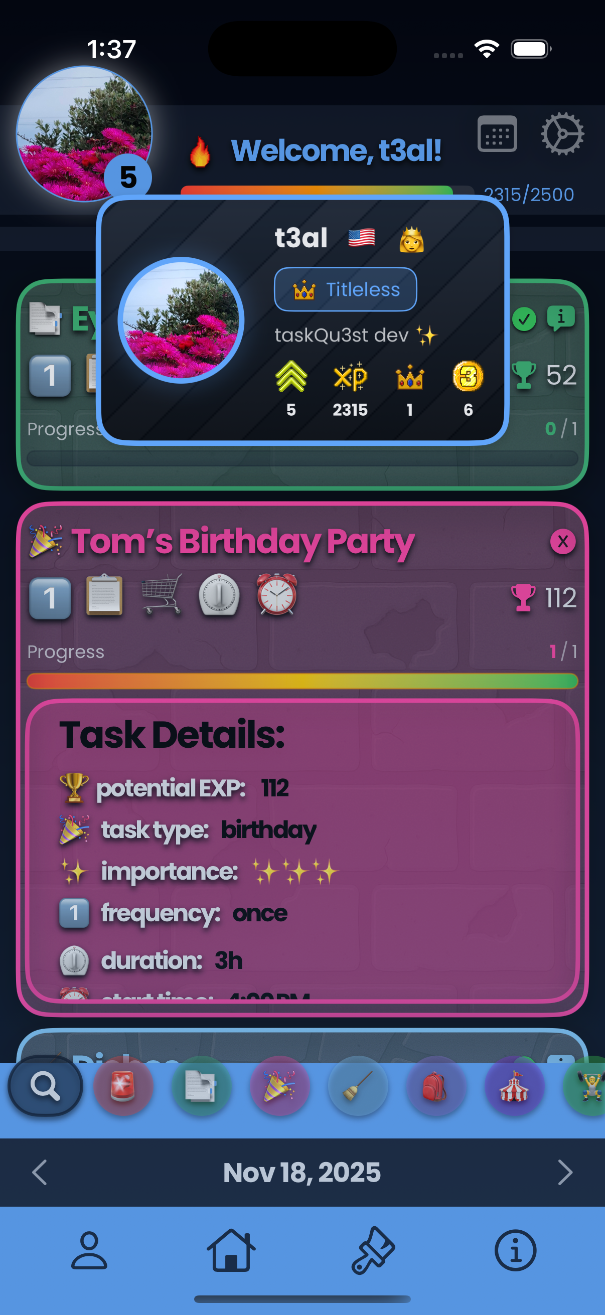 Mobile app interface displaying user profile and task list, including a birthday party task with progress and details.