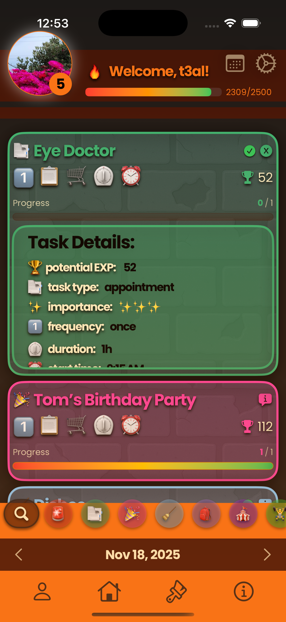 Screenshot of a task management app showing the user 't3al' with two tasks: 'Eye Doctor' and 'Tom's Birthday Party,' including progress and details for each task.
