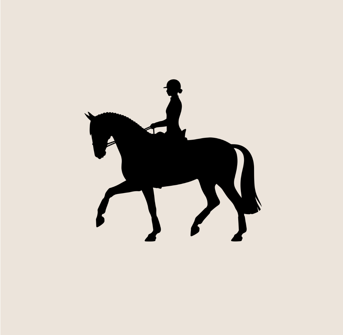 Silhouette of a woman riding a horse against a beige background.