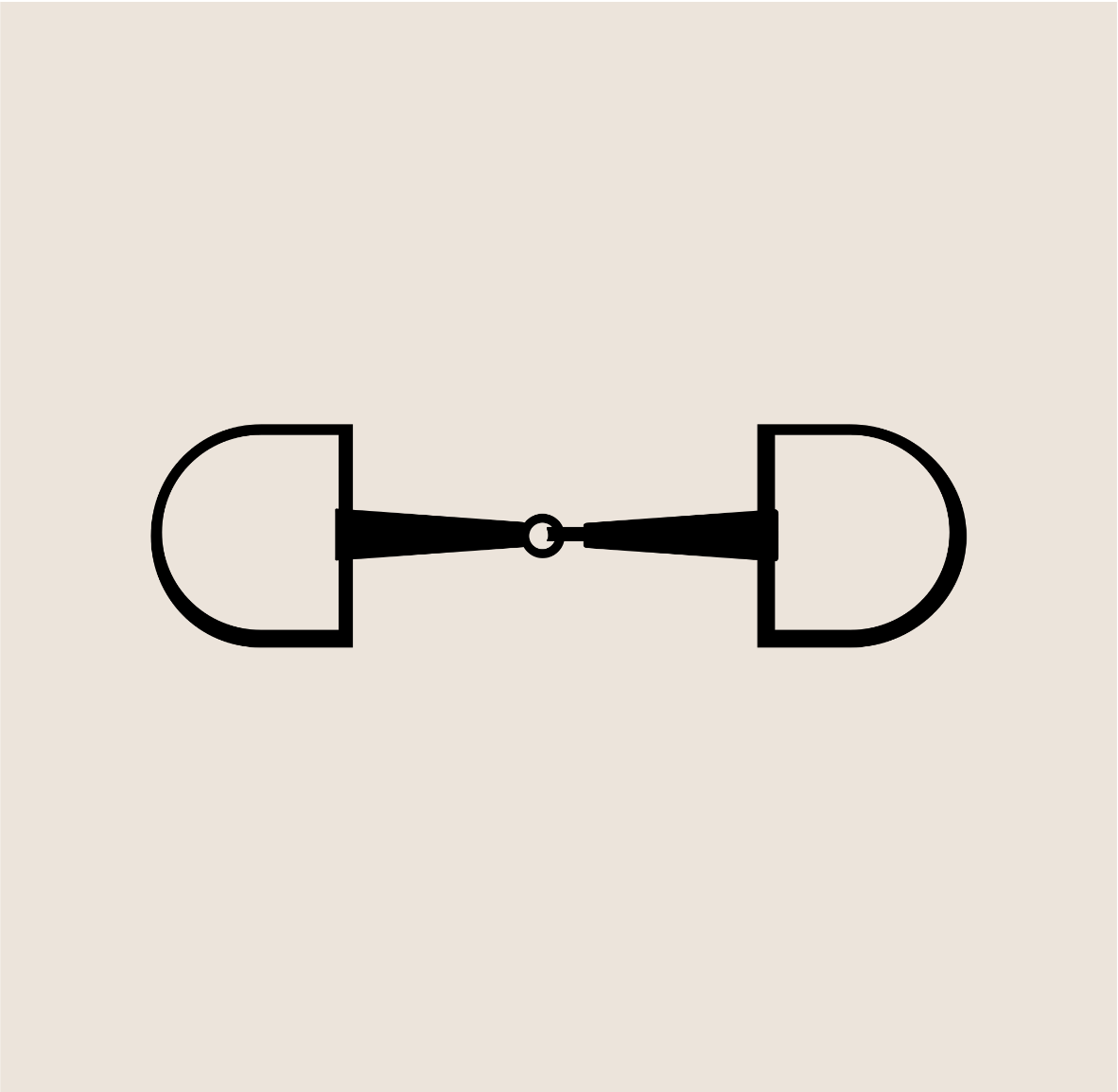 Diagram of a mechanical linkage with two semicircular components connected by a central pin and link, on a beige background.