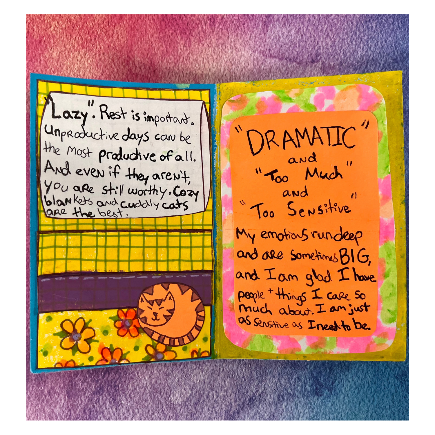 watercolor blue, purple, and pink gradient. Two zine pages: a cozy bed with yellow and purple bedding and an orange tabby cat sleeping, with text about rest and worthiness; next page has bright borders and text about being called “too sensitive.”