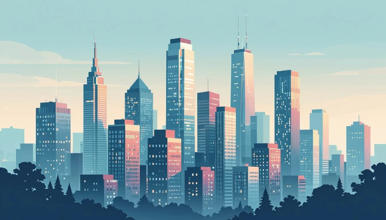 Digital illustration of a city skyline with tall skyscrapers and mountains in the background, with a clear sky.