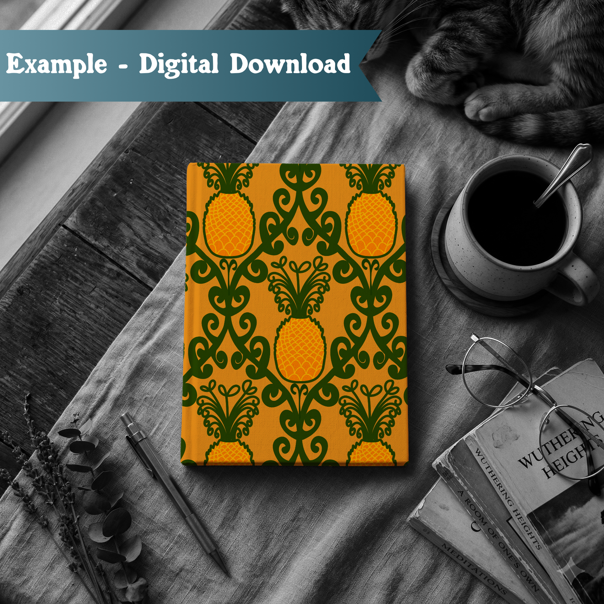 000024 - Book with Cat Happy Swirly Pineapple.png