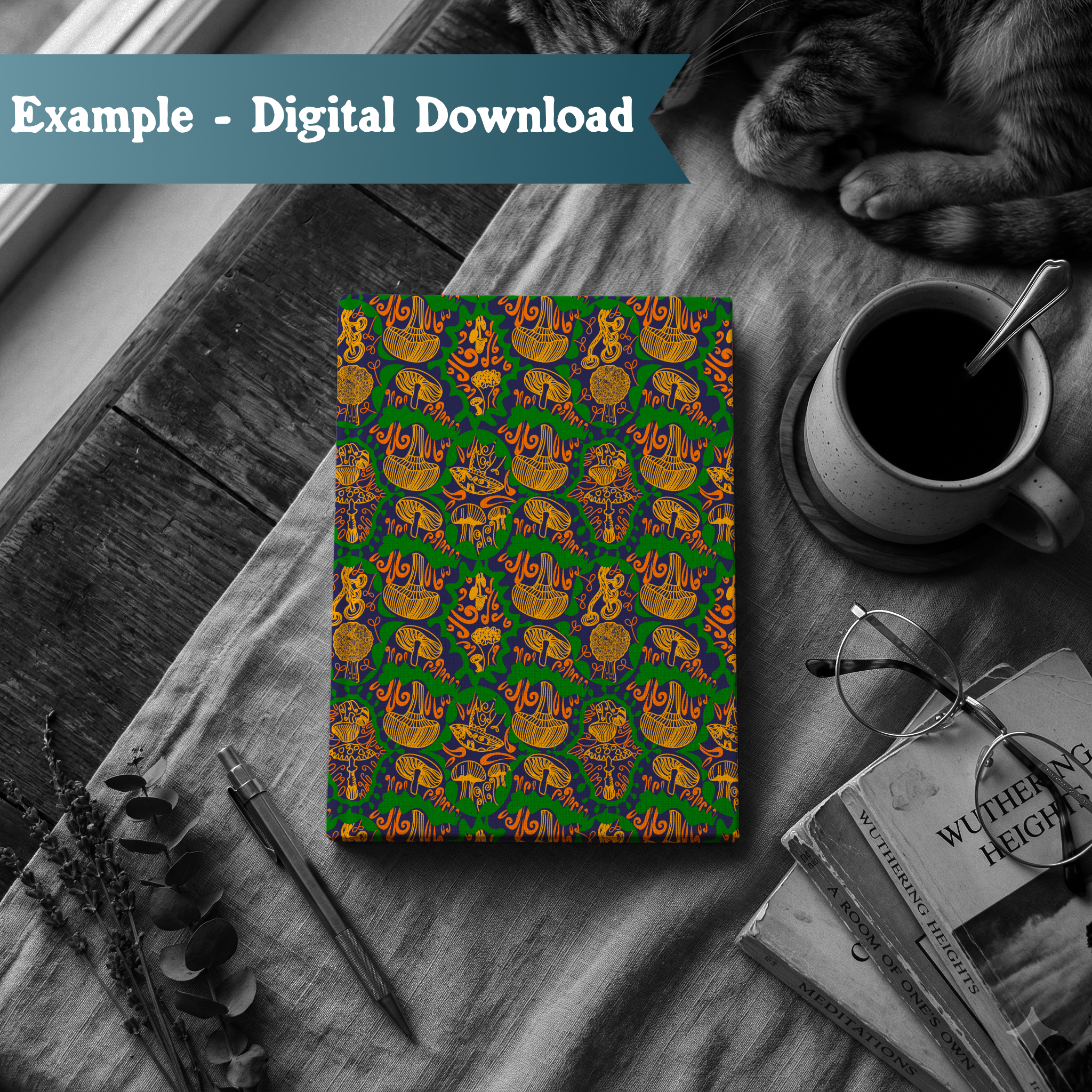 000024 - Book with Cat Intricate Mushrooms.png
