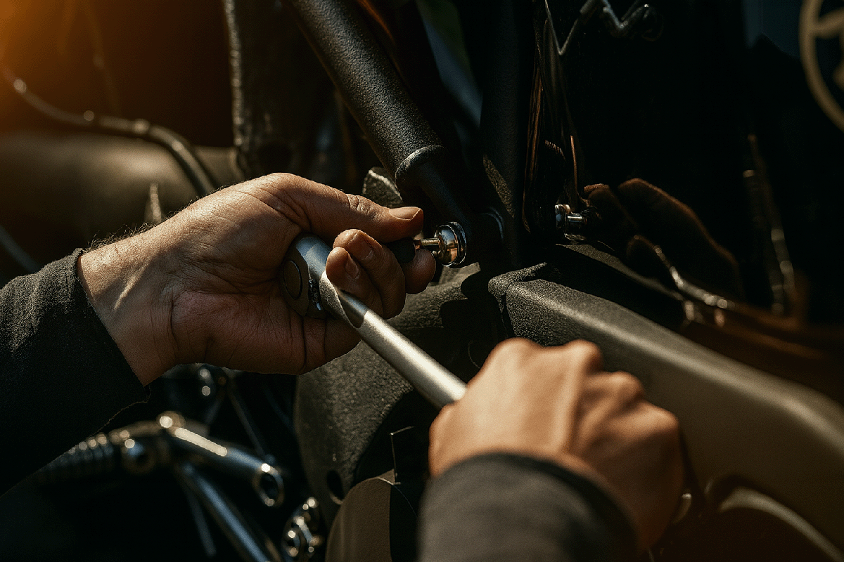Mano ajustando un componente en el interior de un vehículo con una herramienta de mano.