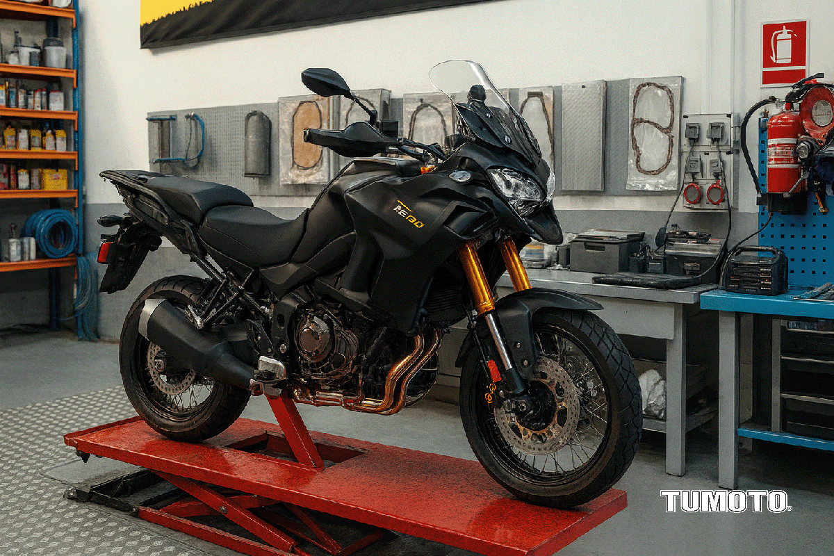 Motocicleta negra en un taller mecánico, sobre una plataforma elevadora, con herramientas y consignas en el fondo.