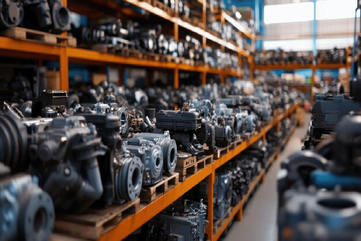 Estanterías llenas de piezas de motores de automóviles en un almacén.