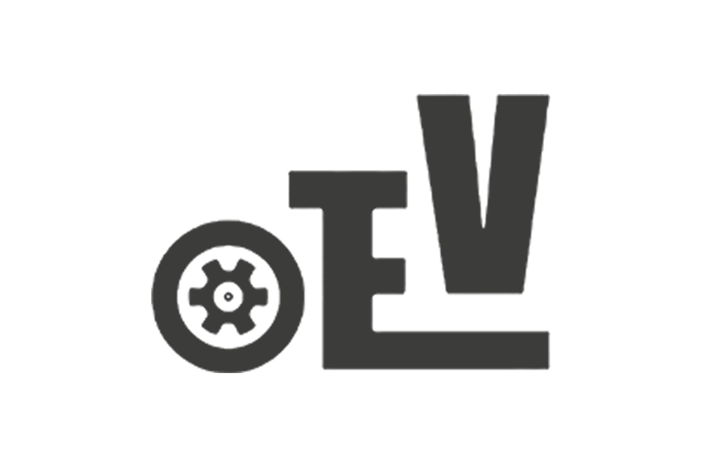 Logotipo de OEV. Icono de rueda dentada y engranage junto a letras 'TV' en color gris