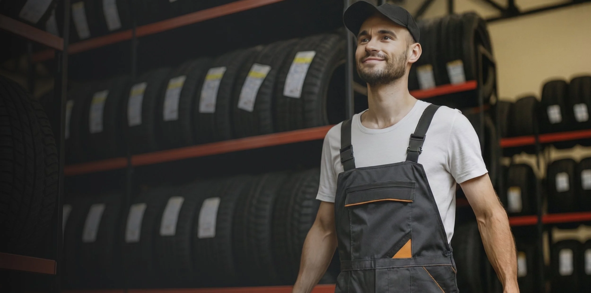 Un hombre joven con gorra y camiseta blanca, vistiendo un overol negro con detalles naranjas, se encuentra en una tienda de llantas con estantes llenos de neumáticos en el fondo.